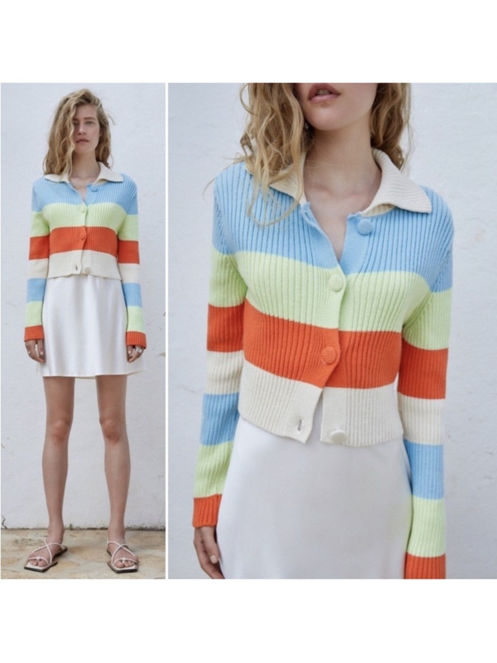 Zara Colorblock Striped Ribbed Knit Cropped Cardigan Sweater Size Small
